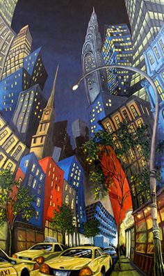 a painting of taxi cabs on a city street at night