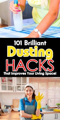 a woman in the kitchen with cleaning supplies and text overlay reading 101 brilliant dustin hacks that improve your living space