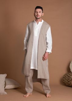 "Long linen vest for Men for special occasions. This sleeveless jacket is made to order from medium-weight linen and is available in various colors. 🌿 DETAILS: - Open front vest - Sleeveless - High side slits - Asymmetric high low hem - 100% Natural linen in medium weight (185gr/m2) - Wide color palette, color shown is NATURAL FLAX - The length of the vest is about 135cm (53\"), please drop me a note if you need it shorter or longer. 🌿 SIZING & FIT Please note that this jacket is not one size, Mens Linen Outfit, Linen Fashion Men, Kurta Shirt, Fashion Alternative, Vest For Men