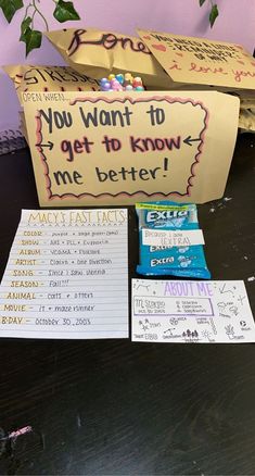 a table topped with lots of writing and papers next to a sign that says you want to get to know me better