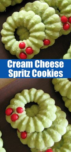 two pictures of cream cheese spritz cookies with cherries on them and the words, cream cheese spritz cookies