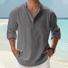 Season:Spring  Summer; Fabric:Cotton And Linen; Sleeve Length:Long Sleeve; Look After Me:Wet and Dry Cleaning,Washable; Gender:Men's; Style:Comfortable,Fashion,Casual,Classic; Tops Type:Linen Shirt,Casual Shirt,Henley Shirt,Beach Shirt; Occasion:Hawaiian,Beach,Holiday,Vacation; Pattern:Plain; Neckline:Henley; Listing Date:03/21/2023; Bust:; Length:; Shoulder Width:; Fit US Size:null; Fit UK Size:null; Fit EU Size:null Casual V-neck Shirt For Beach Season, Summer Beach Top With Relaxed Collar, Casual Collar Summer Tops For Beach Season, Casual V-neck Shirt For Beach, Summer Casual Collar Tops For Beach Season, Casual V-neck Beach Season Shirt, Beach Season Cotton Shirt With Casual Collar, Long Sleeve Beach Vacation Shirt, Long Sleeve Summer Beach Shirt