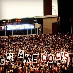 a large group of people holding up signs in front of a crowd at a sporting event