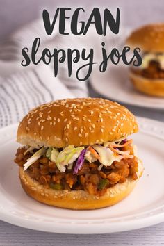 two plates with sandwiches on them and the words vegan sloppy joes written in black