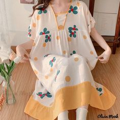 Olivia Mark - Short Sleeve Silk Cotton Sleepwear Dress - Soft and Breathable Nightwear for Home, Loose Fit and Suitable for Outdoor Wear. Sleepwear Dress, Cotton Sleepwear, U Neck, Outdoor Wear, Cover Up Dress, Three Quarter Sleeves, Olivia Mark, Types Of Collars, Cotton Dresses