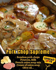 an advertisement for pork chop supreme with potatoes and gravy