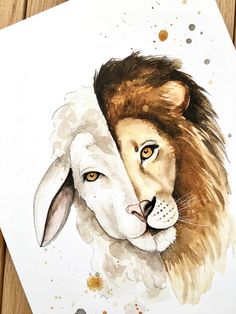 a watercolor painting of a lion and lamb