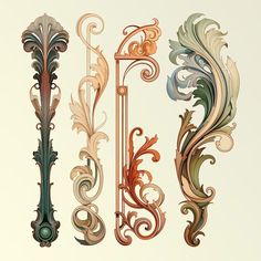 three ornate designs on a white background