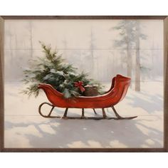 a painting of a sleigh with a christmas tree in it