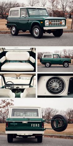 the interior and exterior of an old green ford bronco truck with white leather seats