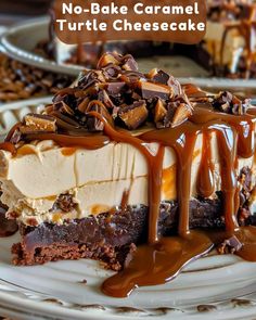 no - bake caramel turtle cheesecake on a plate with chocolate drizzle