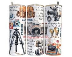 three cans with different pictures on them, one has a camera and the other has a tripod