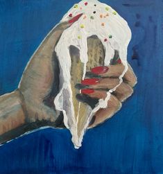 a painting of a hand holding a donut with icing and sprinkles