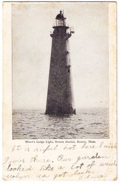 an old postcard with a lighthouse in the middle of the ocean and writing on it