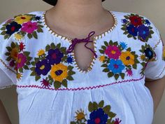 "Gorgeous hand embroidered Mexican blouse. Fabric: Muslin Fits size Small-Medium Measurements taken flat: Armpit to armpit 20\" Bottom hem width 24\" Shoulder to bottom hem 30\"" Mexican Top, Hand Embroidered Blouse, Mexican Blouse, Hippie Shirt, Manado, Blouse Fabric, Embroidered Blouse, Art Class, Festival Outfit