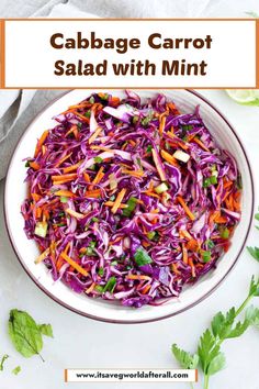 cabbage carrot salad with mint in a white bowl