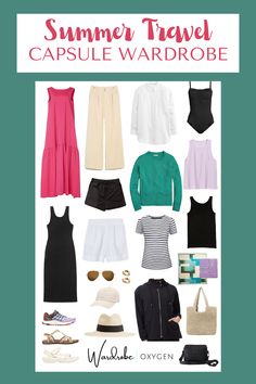 an assortment of clothes and accessories with the words summer vacation capsule wardrobe written on it