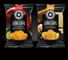 two bags of corn chips next to each other on a black background with the words,'deli style corn chips fire roasted red chili & lime '