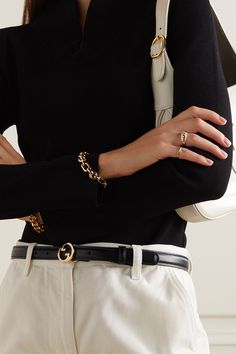 Gucci's 'Blondie' waist belt is punctuated with the brand's iconic, interlocking 'GG' emblem in polished gold-tone hardware. It's been made in Italy from supple leather in classic black. Gucci Belt Outfit Classy, Gucci Aesthetic Outfit, Belt Photoshoot, Black Belt Outfit, Classic Belts, Gucci Belt Outfit, Gg Belt, Money Belt, Loungewear Outfits