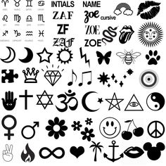 various symbols are shown in black and white, including the symbol for each zodiac sign