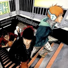 three anime characters are walking up the stairs together, one is holding a basketball and the other is wearing headphones