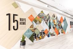 an office lobby with colorful geometric wallpaper and wood flooring that reads 15 ways to home