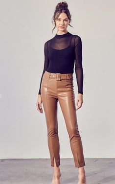 Leather self belted pants with adjustable belt. Slits in front to show still show your favorite pair of heels ! Fall Leather Pants With Belt Loops And Straight Leg, High Waist Leather Bottoms For Fall, Fall Sleek Leather Pants With Belt Loops, High-waisted Leather Pants For Business Casual With Belt Loops, Sleek Leather Pants With Belt Loops For Fall, Business Casual High-waisted Leather Pants With Belt Loops, High Rise Leather Pants For Fall, Chic Straight Leg Leather Pants For Fall, Chic Straight Leg Leather Pants For Business Casual