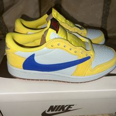 Brand New! Never Been Worn! Women’s Air Jordan 1 Travis Scott Cactus Jack Canary Yellow Sneakers With Contrast Sole And Round Toe, Yellow Low-top Custom Sneakers With Contrast Sole, Casual Yellow Custom Sneakers With Gum Sole, Casual Custom Yellow Sneakers With Contrast Sole, Casual Low-top Sneakers With Yellow Stitching, Casual Sneakers With Yellow Stitching For Streetwear, Yellow Low-top Custom Sneakers With Cushioned Footbed, Yellow Custom Sneakers With Cushioned Footbed, Yellow Custom Sneakers With Cushioned Footbed And Round Toe