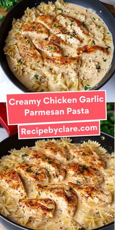 creamy chicken garlic parmesan pasta in a skillet