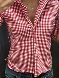 Gingham Button Up, Red And White Shirt Outfit, Red Button Up Outfit, Gingham Button Up Shirt Outfit, Vintage Button Up, Red Shirt Outfit Aesthetic, Red Gingham Shirt, Gingham Shirt, Checkered Shirt