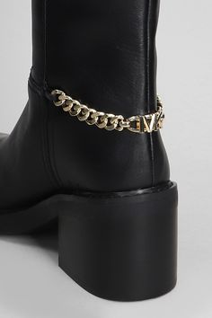 Carlisse Boot High heels boots in black leather, round toe, slip on, straight leg, gold chain, metallic logo, leather sole, 80 mm heel, 100% leather, Made in Vietnam Black Boots With Chains, Elegant Gold Boots With Metal Feet, Trendy Gold Leather Boots, Elegant Michael Kors Workwear Boots, Formal Boots With Chain And Round Toe, Boots With Chains, Boot High Heels, High Heels Boots, Gucci Hat