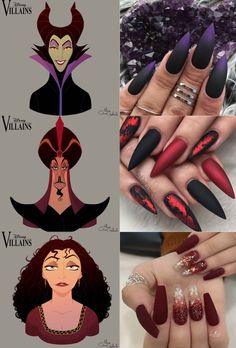 Disney Villain Nails Simple, Mother Gothel Nails, Malificent Nail Design Simple, Witch Theme Nails, Maleficent Inspired Nails, Disney Villain Nail Art, Maleficent Nails Designs, Jasmine Inspired Nails, Fantasia Nails