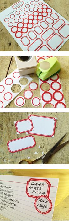 the instructions for how to make an envelope with red and white circles on it, including scissors