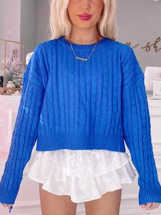 Berry Blue Sweater | Sassy Shortcake Blue Cable Knit Crew Neck Sweater, Blue Cable Knit Sweater With Crew Neck, Blue Cable Knit Sweater For Layering, Blue Cable Knit Top For Spring, Preppy Clothes Aesthetic, Sassy Shortcake, High School Outfits, Preppy Clothes, Christmas Clothes