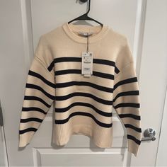 Size S. Brand New With Tag Never Worn. Chic Cream Sweater With Soft Knit, Chic Cream Soft Knit Sweater, Chic Cream Ribbed Sweater, Chic Ribbed Cream Sweater, Chic Cream Chunky Knit Sweater, Chic Chunky Knit Cream Sweater, Zara Striped Long Sleeve Sweater, Casual Striped Zara Sweater, Chic Zara Crew Neck Sweater