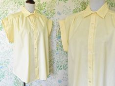 "S1 This classic 70's cotton shirt is crisp and lovely. Still like new with original store tag -Tags: Shirt ACCENT  -Made in USA -Tag says size 40, like a size Large (please see measurements) No darts.  -Fabric is 50% cotton 50% polyester -Solid light yellow -7 buttons down the front.  -Short sleeves with rolled cuffs -Excellent vintage condition with no holes or stains. Still just like new from the shop in the 1970's. Please see photos.  Feel free to message me with any questions!  Measurements Retro Relaxed Fit Shirt For Daywear, Vintage Shirt For Everyday Spring Wear, Retro Cotton Shirt For Everyday, Retro Blouse With Buttons And Relaxed Fit, Classic Yellow Cotton Blouse, Stretch Shoulders, Solid Yellow, Light Yellow, Womens Clothing Tops