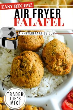 the recipe for air fryer falafel is shown on top of rice