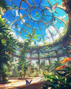 the inside of a building with many plants and butterflies flying in the sky above it