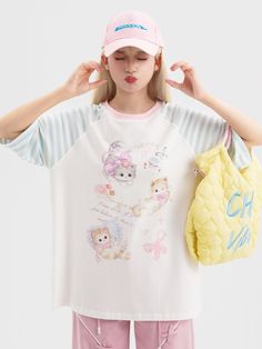 Embrace the perfect blend of cuteness and style with our adorable kitty print white T-shirt! This delightful top features a lovable kitty graphic that will melt your heart, while the contrasting blue striped sleeves add a playful touch. Crafted from high-quality, soft cotton, this T-shirt ensures all-day comfort and breathability. Whether you're heading out for a casual day with friends or simply lounging at home, this charming piece will keep you looking effortlessly cute and stylish. Pair it w Playful Hello Kitty T-shirt For Summer, Playful Hello Kitty Print T-shirt For Summer, Hello Kitty Print Playful T-shirt For Summer, White Harajuku Top With Hello Kitty Print, White Harajuku Style Hello Kitty Print Top, White Harajuku Style Hello Kitty Top, Playful Hello Kitty Summer T-shirt, Cute Hello Kitty Print T-shirt For Spring, Cute Spring T-shirt With Cat Design