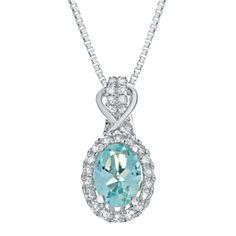 Timeless and stunning, this aquamarine necklace is designed for the March birthday girl or that special someone who appreciates the beautiful, ocean-hued blue gemstone. Crafted in 10k white gold, this pendant showcases a genuine oval aquamarine that is surrounded by a halo of round diamonds. Two rows of additional round diamonds adorn the top of the pendant for an extra touch of sparkle. The diamonds are 1/6ctw, I or better in color, and I3 or better in clarity. The pendant measures 16mm in leng White Gold Pendant Necklace, March Birthday, Wedding Day Jewelry, Infinity Jewelry, White Gold Pendant, Aquamarine Necklace, Engagement Ring Guide, Beautiful Ocean, Blue Gemstones