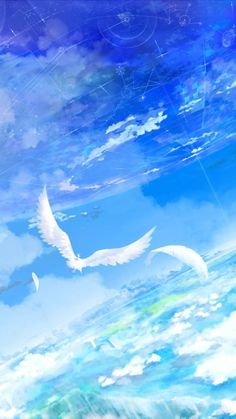 two white birds flying in the sky with clouds and stars above them on a sunny day