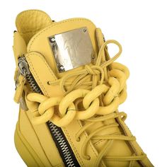 Guaranteed authentic Giuseppe Zanotti mens yellow leather high top sneakers.Yellow 'chain' detail across ankle. Zip detail along sides and rear of shoe. Silver logo plaque in front. Comes with signature box. Sneakers have light wear - see images.final saleSIZE 43.5USA SIZE 10.5CONDITION: EXCELLENT Leather High Tops, Silver Logo, Yellow Leather, Nike Air Force Sneaker, Giuseppe Zanotti, Men's Sneakers, High Top, Bucket Bag, Top Sneakers