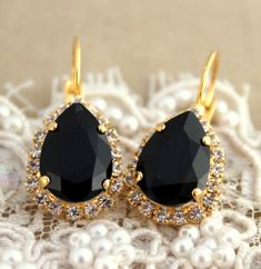 Black Drop earrings Black and Gold Dangle Earrings Swarovski by iloniti Classic Black Earrings For Wedding, Classic Black Wedding Earrings, Black Teardrop Drop Earrings For Party, Black Drop Teardrop Earrings For Party, Black Teardrop Earrings For Party, Black Drop Earrings For Formal Occasions, Black Jewelry With Matching Earrings For Evening, Black Jewelry Set With Matching Earrings For Evening, Classic Black Teardrop Earrings