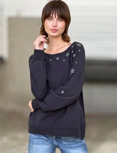 Wish Upon A Star Sweatshirt in Black Front View Star Sweatshirt, Billy T, Wish Upon A Star, The Model, Make A Wish, Premium Denim, Fabric Cotton, Cotton Spandex, How Are You Feeling