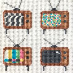 three cross stitch tvs with different designs on them