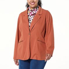 DG2 by Diane Gilman Super Stretch Knit Denim Blazer  No longer made for business-only attire, this soft knit twill blazer is a wardrobe chameleon. Paired with your favorite jeans and a fitted tee or a pretty dress and fashionable heels, this must-have design is head of its class. Versatile Office Blazer For Fall, Versatile Fall Office Wear Blazer, Tailored Versatile Fall Blazer, Fall Office Wear Blazer With Flat Front, Solid Fall Blazer With Flat Front, Solid Flat Front Blazer For Fall, Straight Jacket, Knit Denim, Kick Pleat