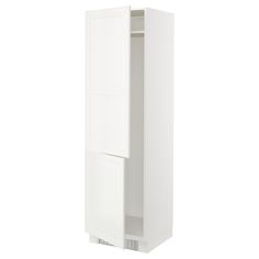 a tall white cabinet with two doors on the front and one door open to reveal an empty space