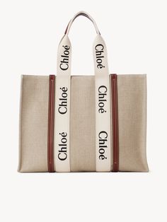 Chloé Large Woody Tote Bag In Linen | Chloé US Shopping Bag Design, Chloe Logo, Chloe Handbags, Sustainable Leather, Linen Canvas, Leather Handbags Tote, Chloe Bag, Large Tote Bag, Leather Chain