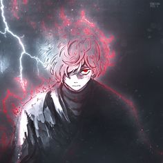 a man with red eyes standing in front of a lightning