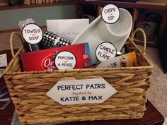 a wicker basket filled with personal care items